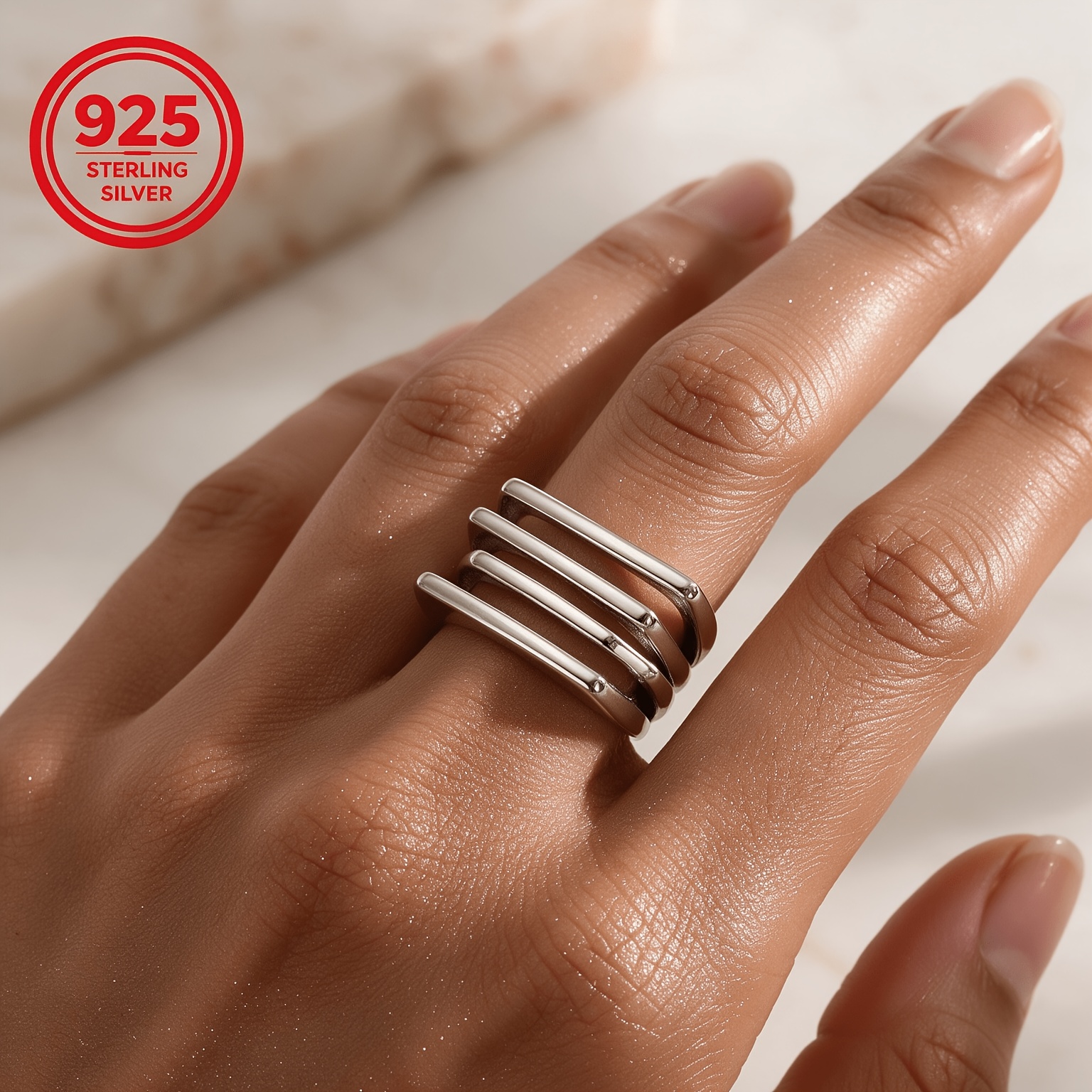 Women's 925 Silver Geometric Line Multi-Layer Statement Ring